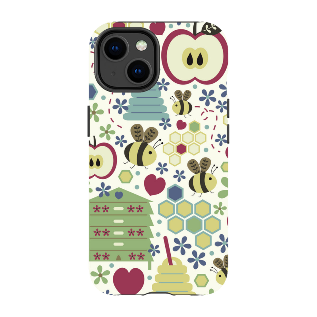 iPhone tough case featuring a whimsical pattern of honey bees, beehives, apples, and hearts on a cream background.