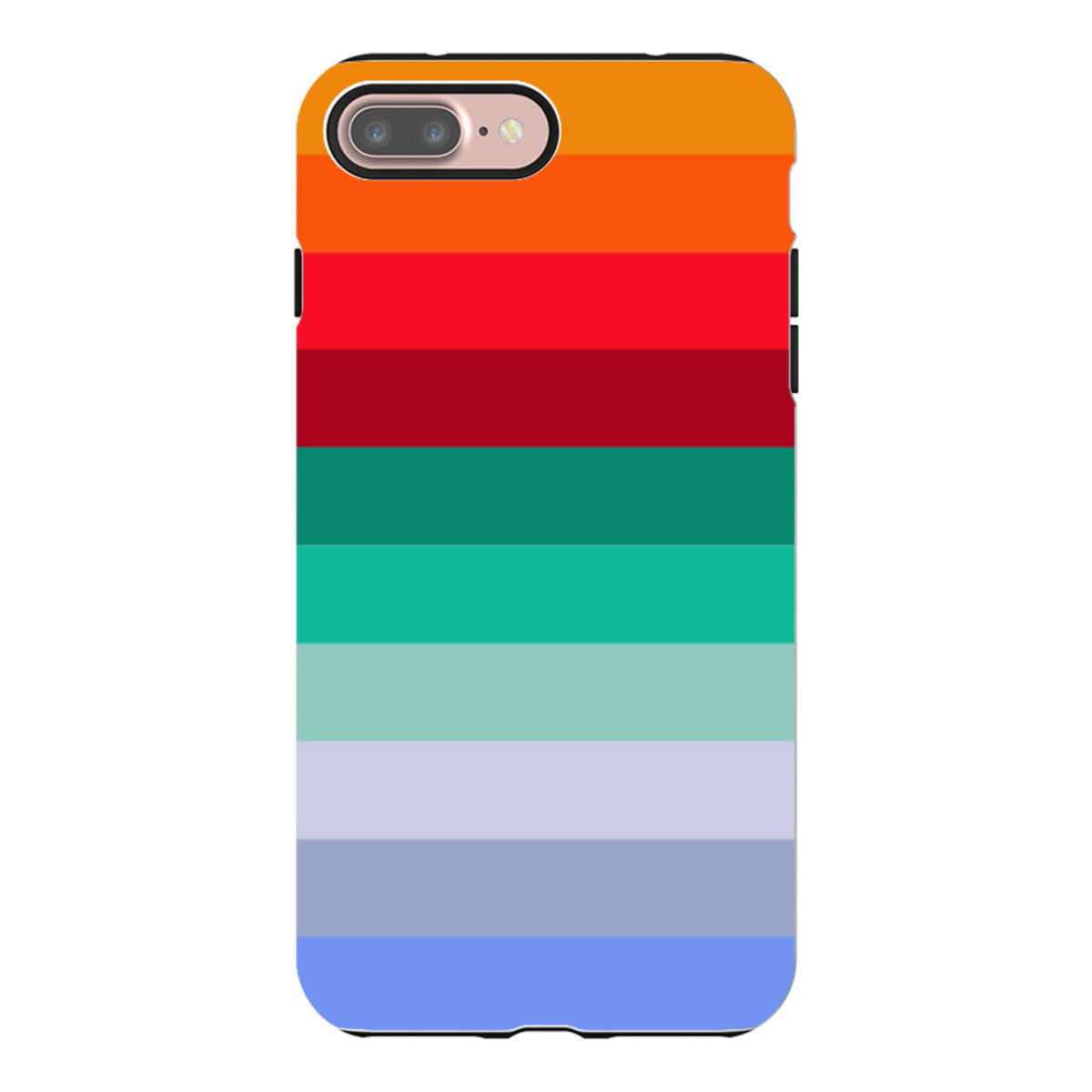 iPhone Tough Case featuring horizontal stripes in a gradient of orange, red, teal, and blue with a dual-layer design.