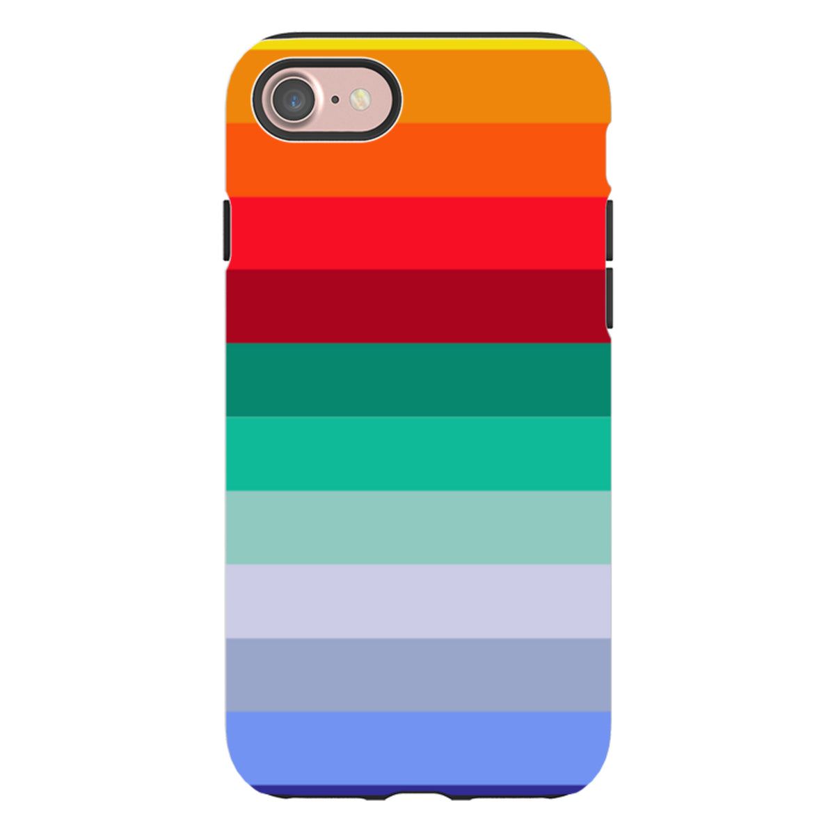 iPhone Tough Case featuring a vibrant, multi-colored horizontal stripe design by Kitty Joseph with dual-layer protection.