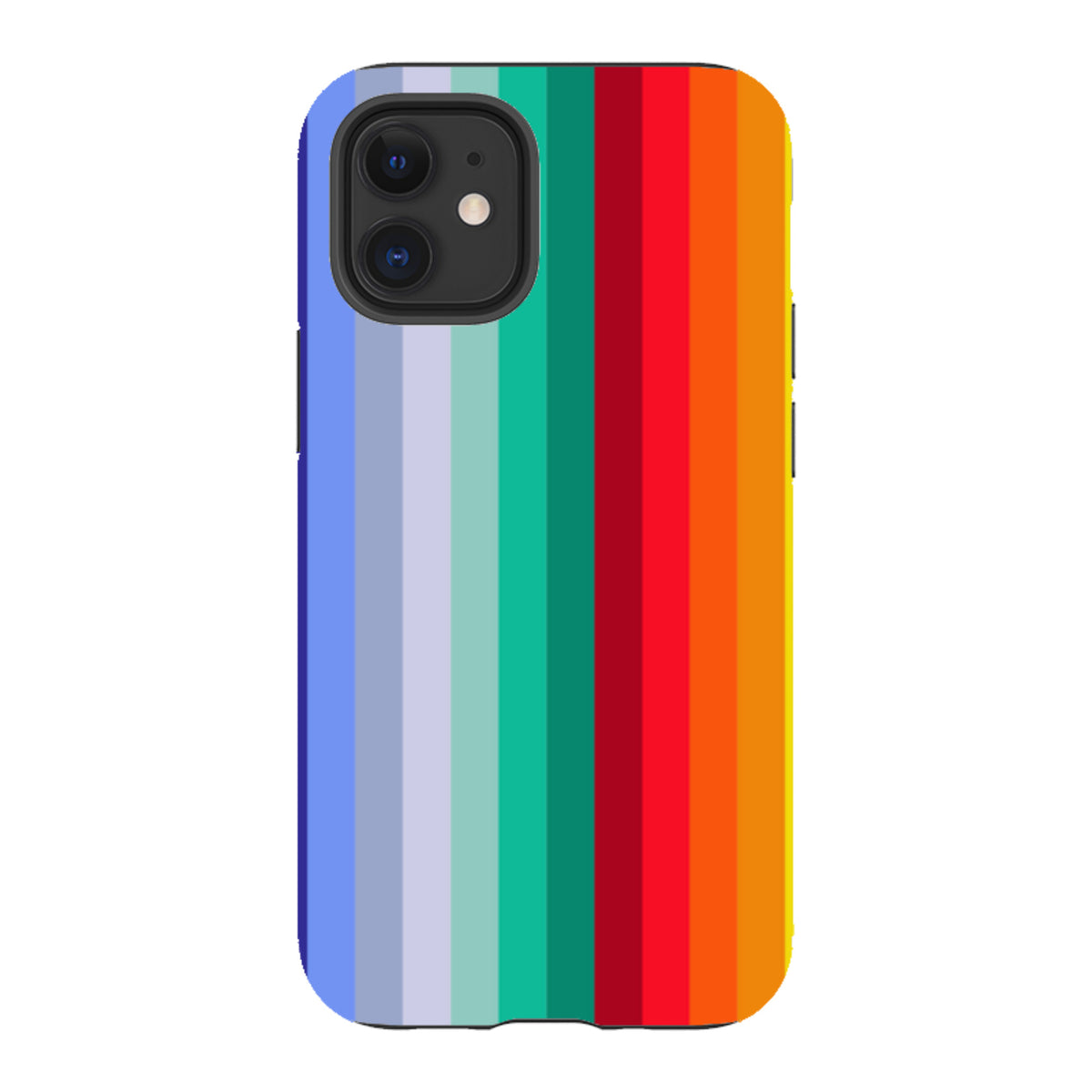 iPhone tough case featuring a vertical rainbow stripe pattern in vibrant blue, green, red, orange, and yellow tones.