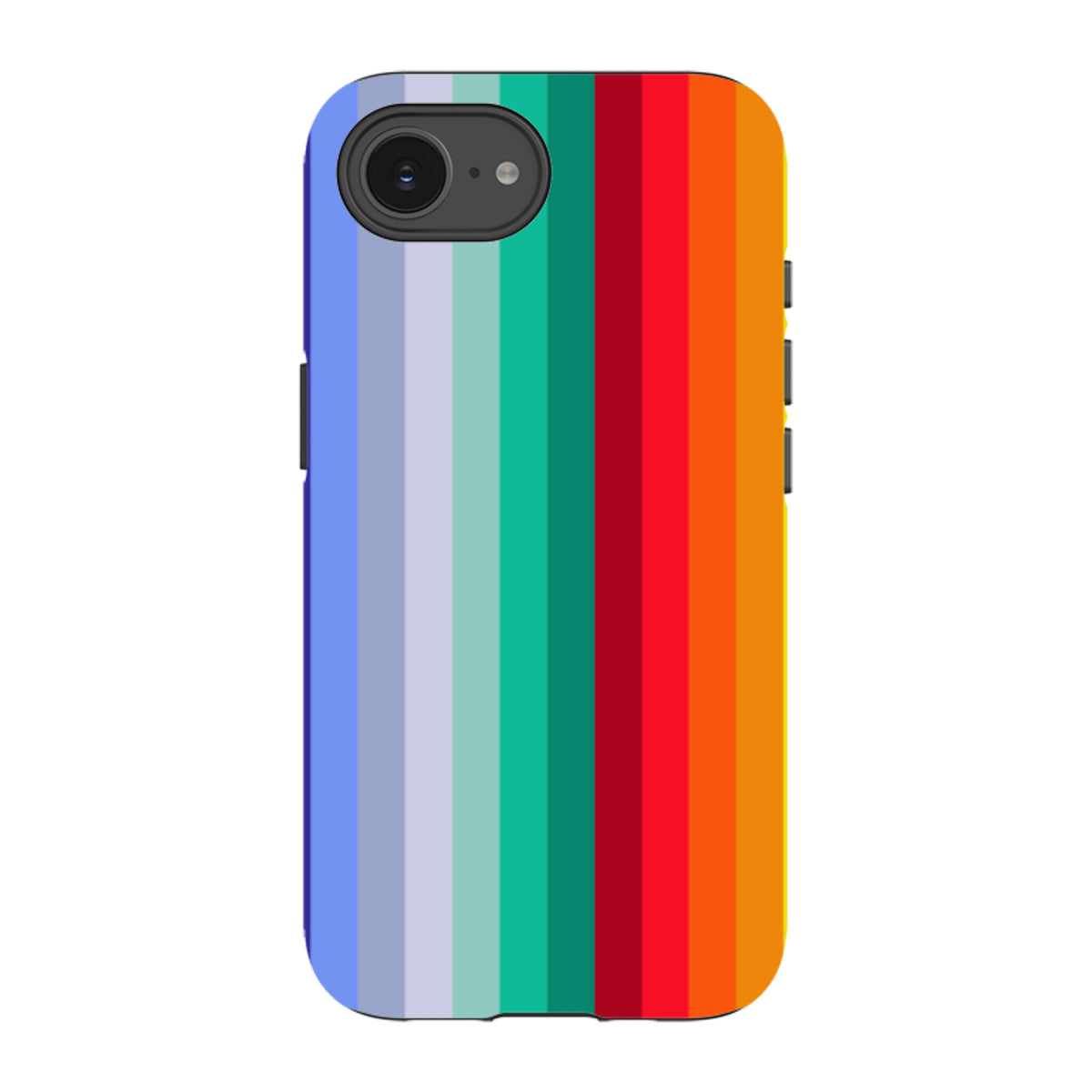 iPhone Tough Case featuring a vertical rainbow stripe pattern in vibrant blue, green, red, and orange tones.