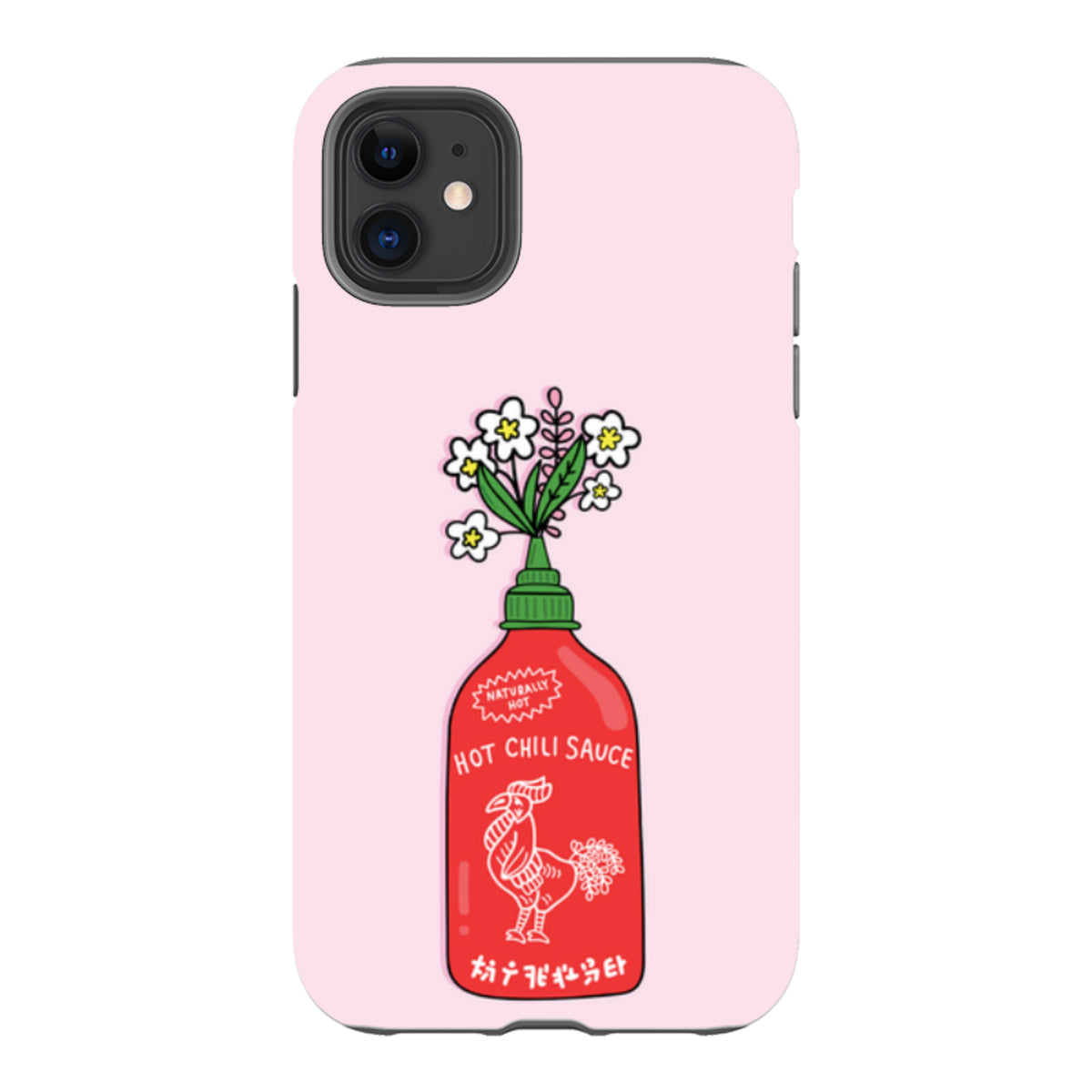 Light pink iPhone tough case featuring a red hot chili sauce bottle illustration with a bouquet of white flowers.