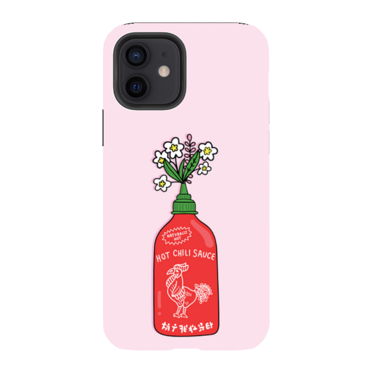 Light pink iPhone tough case featuring a red hot chili sauce bottle illustration with white flowers and a rooster logo.
