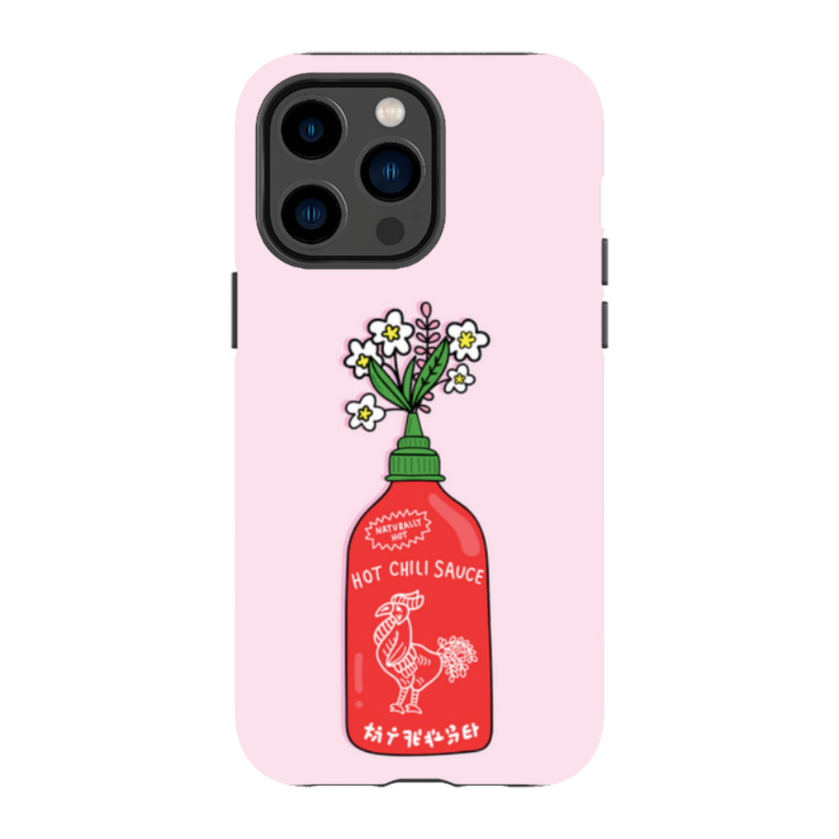 Pink iPhone tough case featuring a hot chili sauce bottle illustration with a bouquet of white flowers.