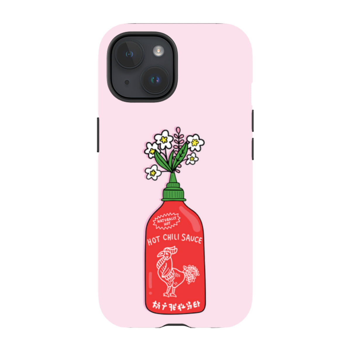 Pink iPhone tough case featuring a red hot chili sauce bottle illustration with white flowers and a rooster graphic.