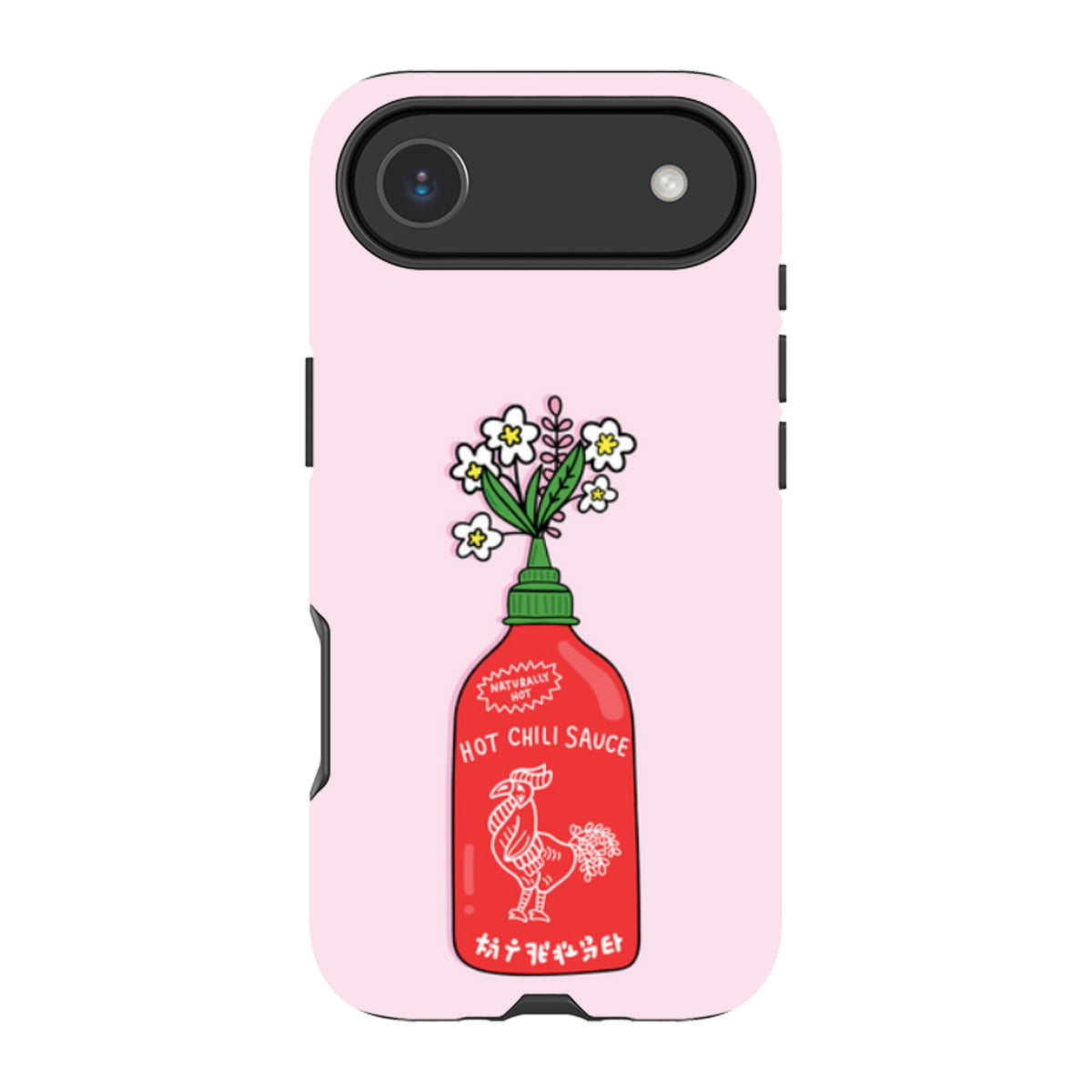Light pink iPhone tough case featuring a red hot chili sauce bottle illustration with white flowers and a rooster design.