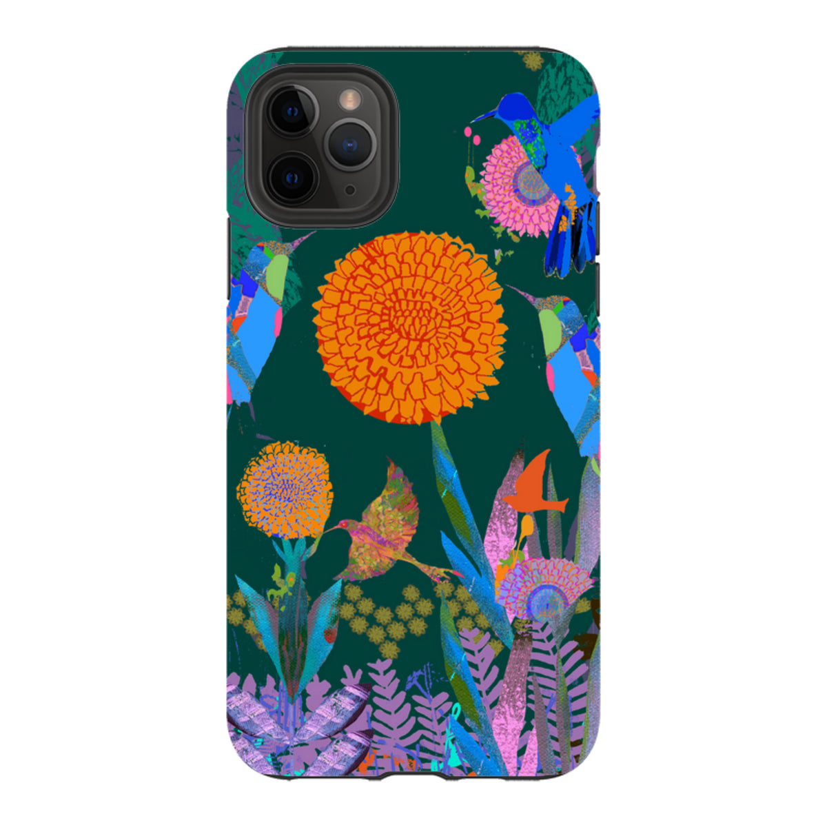 iPhone tough case featuring a dark green forest print with vibrant hummingbirds, orange flowers, and colorful foliage.