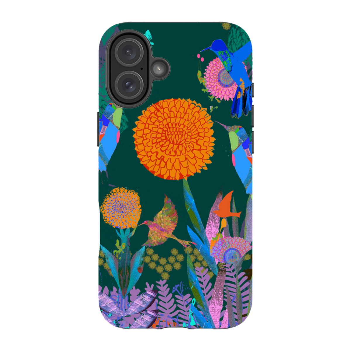iPhone tough case with vibrant hummingbird and floral forest art on a dark green background, featuring dual-layer protection.