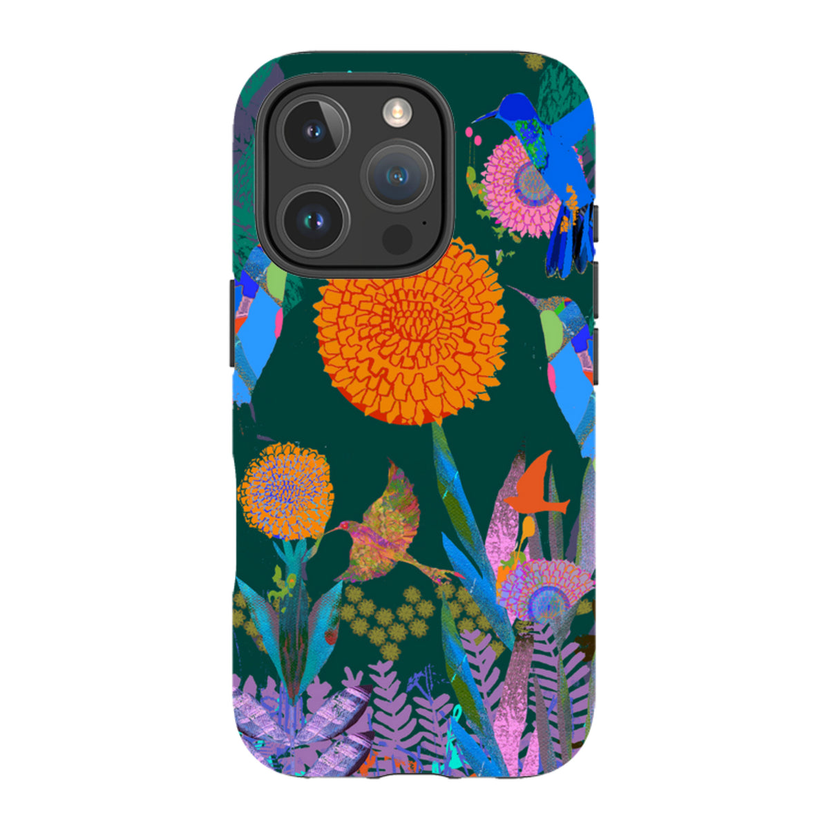 iPhone tough case with dark green background, vibrant hummingbird and floral artwork, and dual-layer protective design.