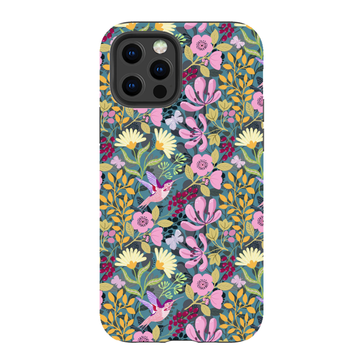 iPhone tough case featuring a colorful hummingbird and floral pattern on a dark teal background with dual-layer protection.