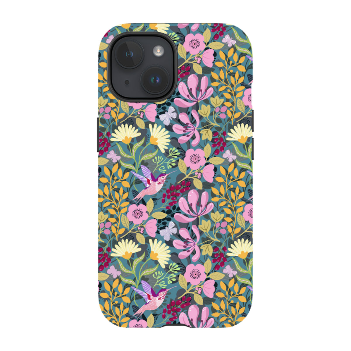 Dual-layer iPhone tough case with a colorful hummingbird, floral, and leaf pattern on a dark teal background.