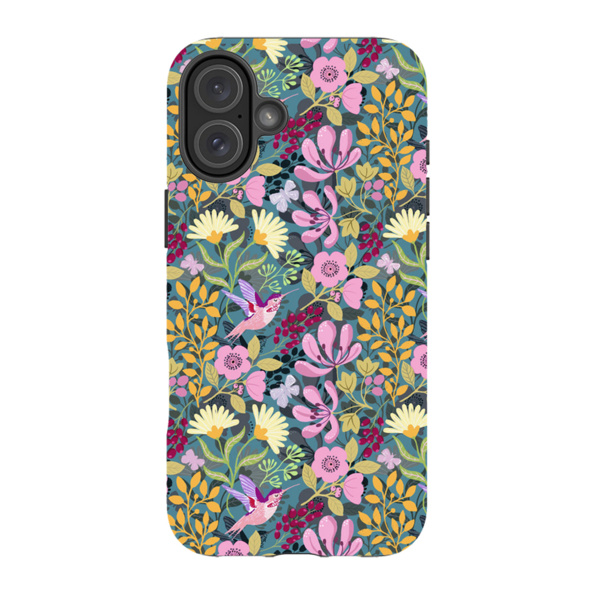 iPhone tough case featuring a colorful hummingbird and floral pattern on a teal background with dual-layer protection.