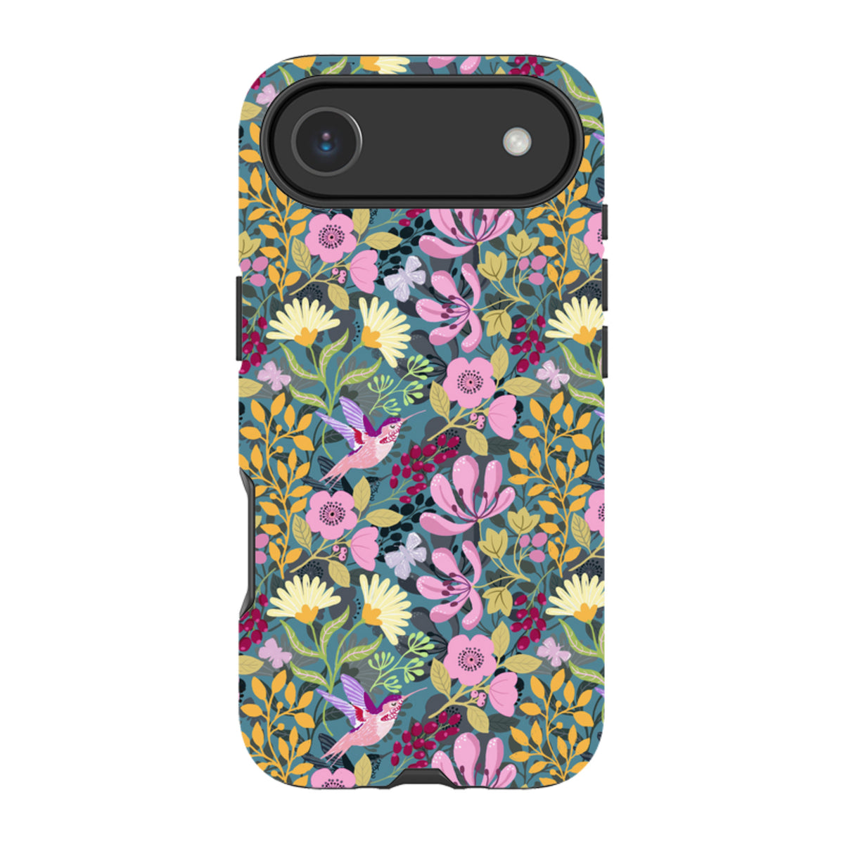 iPhone tough case featuring a colorful hummingbird and floral pattern on a dark teal background with dual-layer protection.