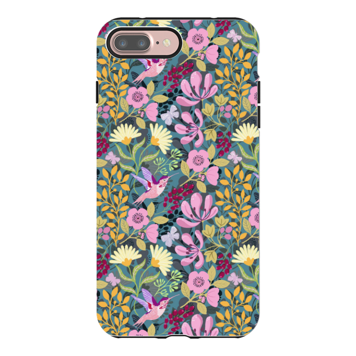 iPhone tough case featuring a colorful hummingbird and floral pattern on a dark teal background with dual-layer protection.