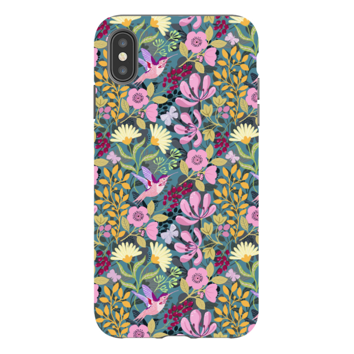 iPhone tough case featuring a vibrant hummingbird and floral pattern in pink, yellow, and teal on a durable dual-layer shell.