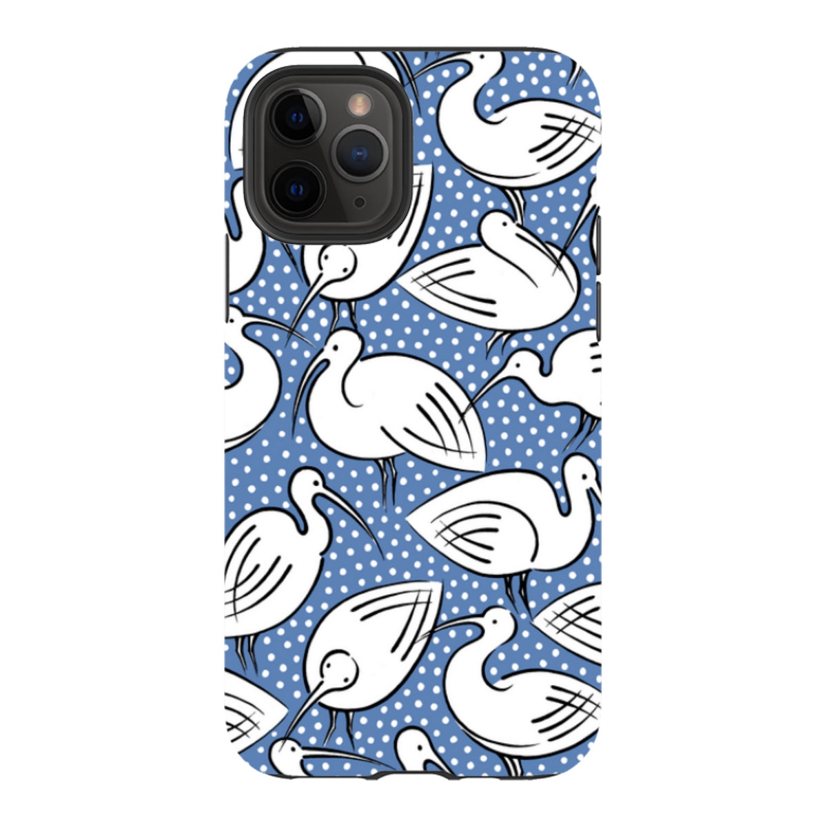 iPhone tough case featuring a blue background with white polka dots and a repeating white ibis bird illustration.