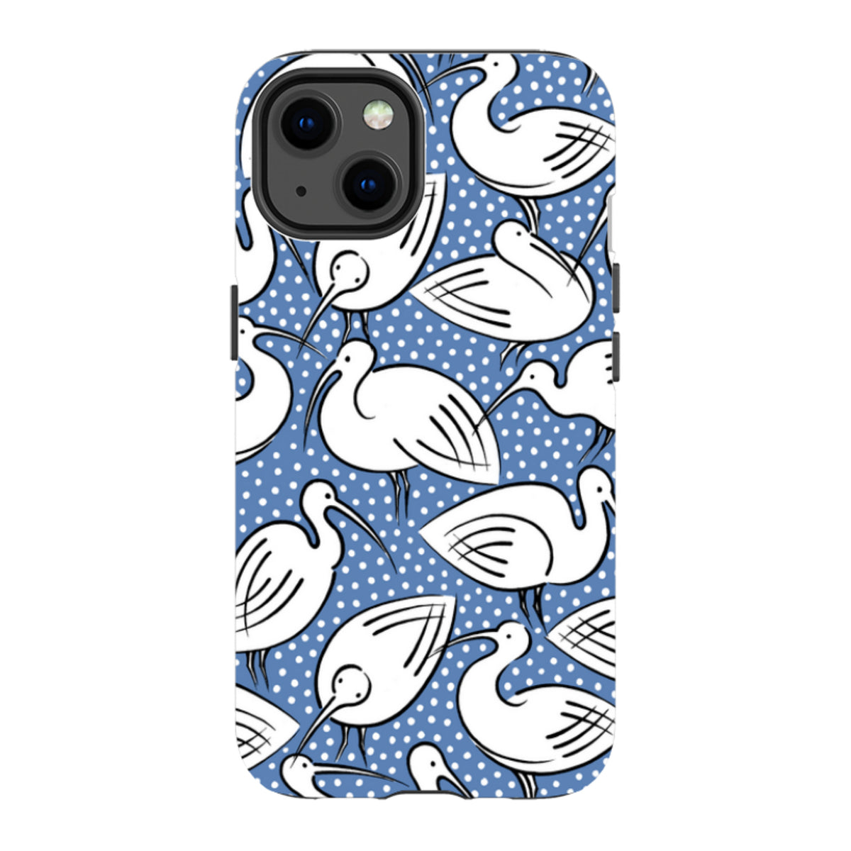 iPhone tough case with a blue polka dot background and white ibis bird illustrations by Cressida Bell.