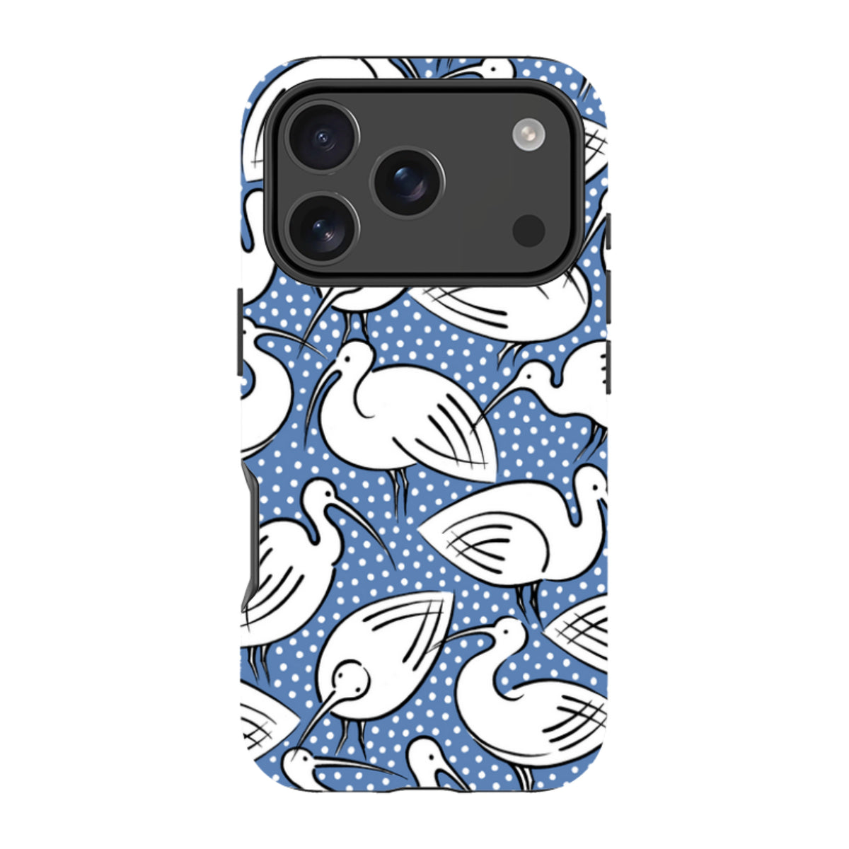 iPhone tough case with a blue and white polka dot background featuring a repeating white ibis bird illustration.