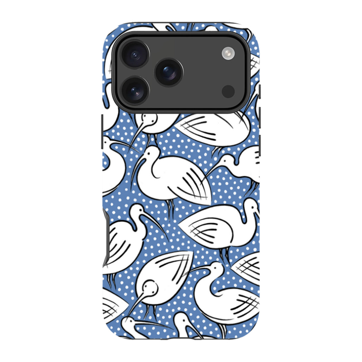 iPhone tough case with a blue and white polka dot background featuring a repeating pattern of white ibis birds.