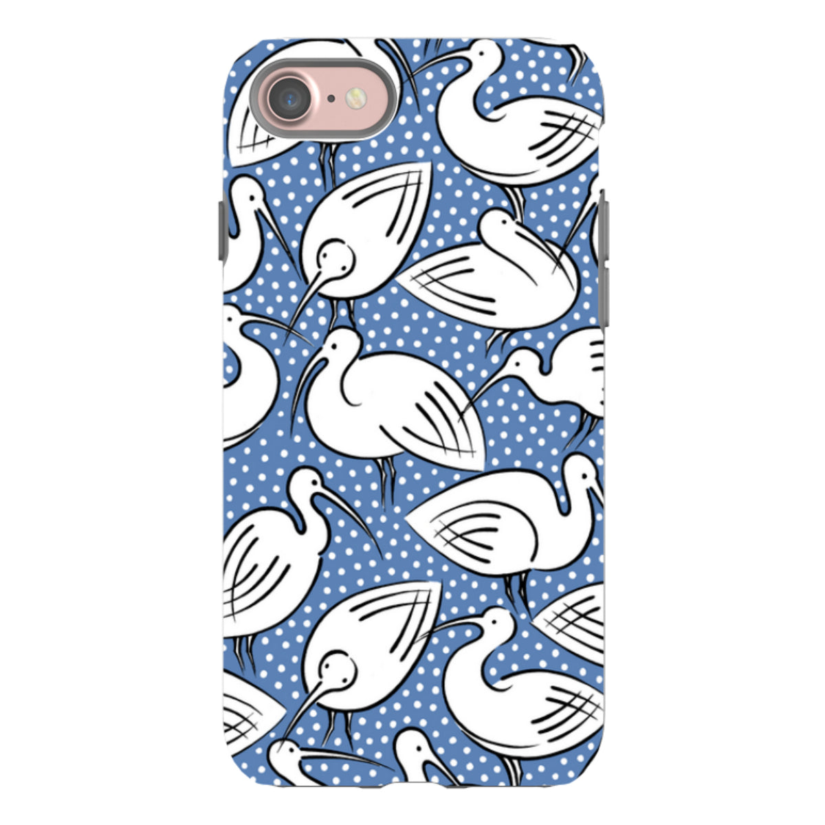 iPhone tough case featuring a blue and white polka dot background with a repeating white ibis bird pattern.