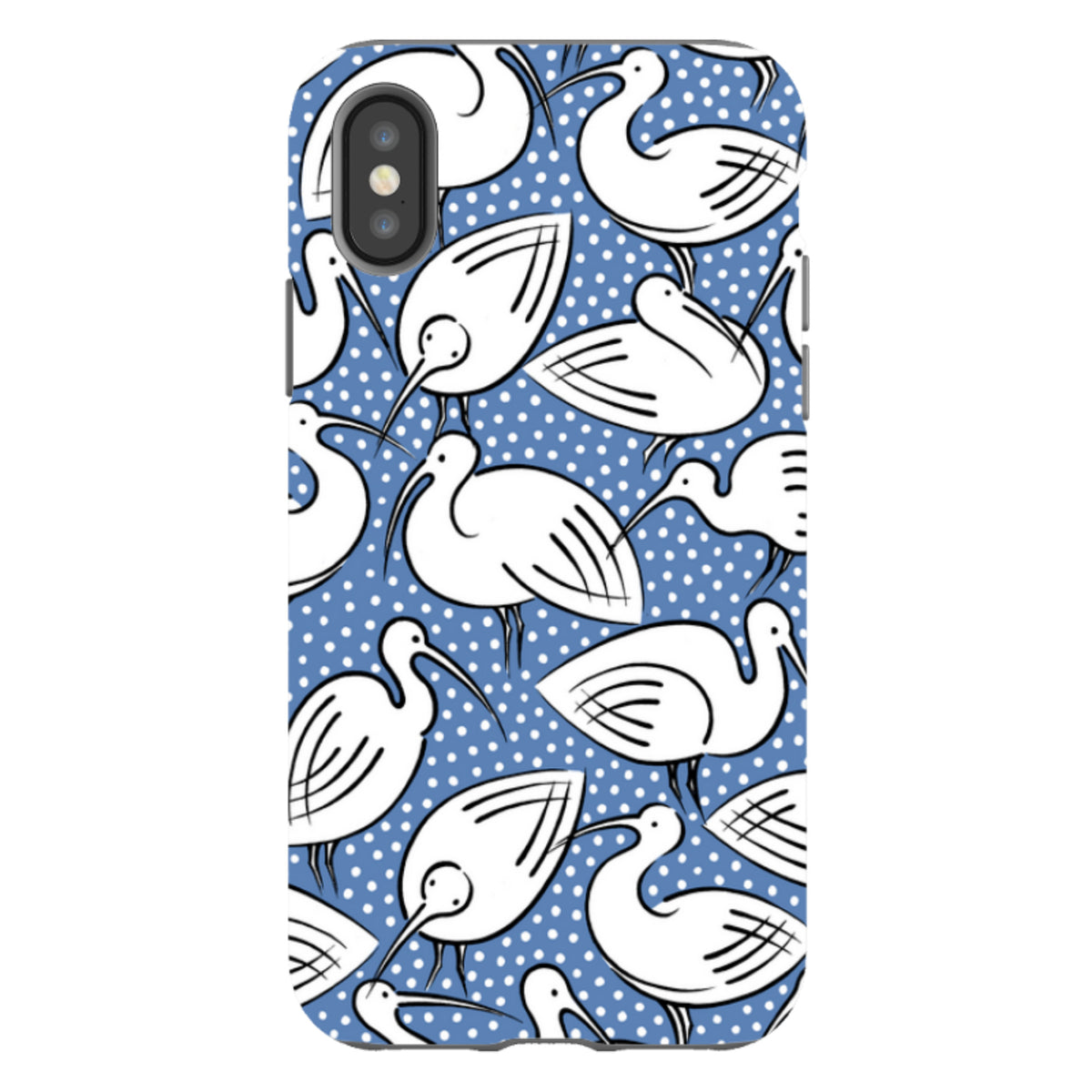 iPhone tough case featuring a blue background with white polka dots and a repeating pattern of white ibis bird illustrations.