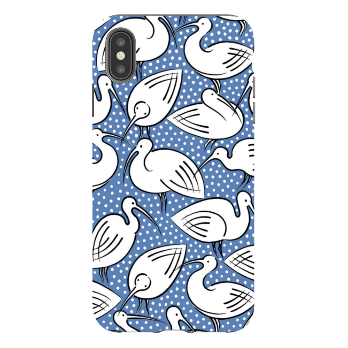 iPhone tough case featuring a blue background with a white polka dot pattern and stylized white ibis bird illustrations.