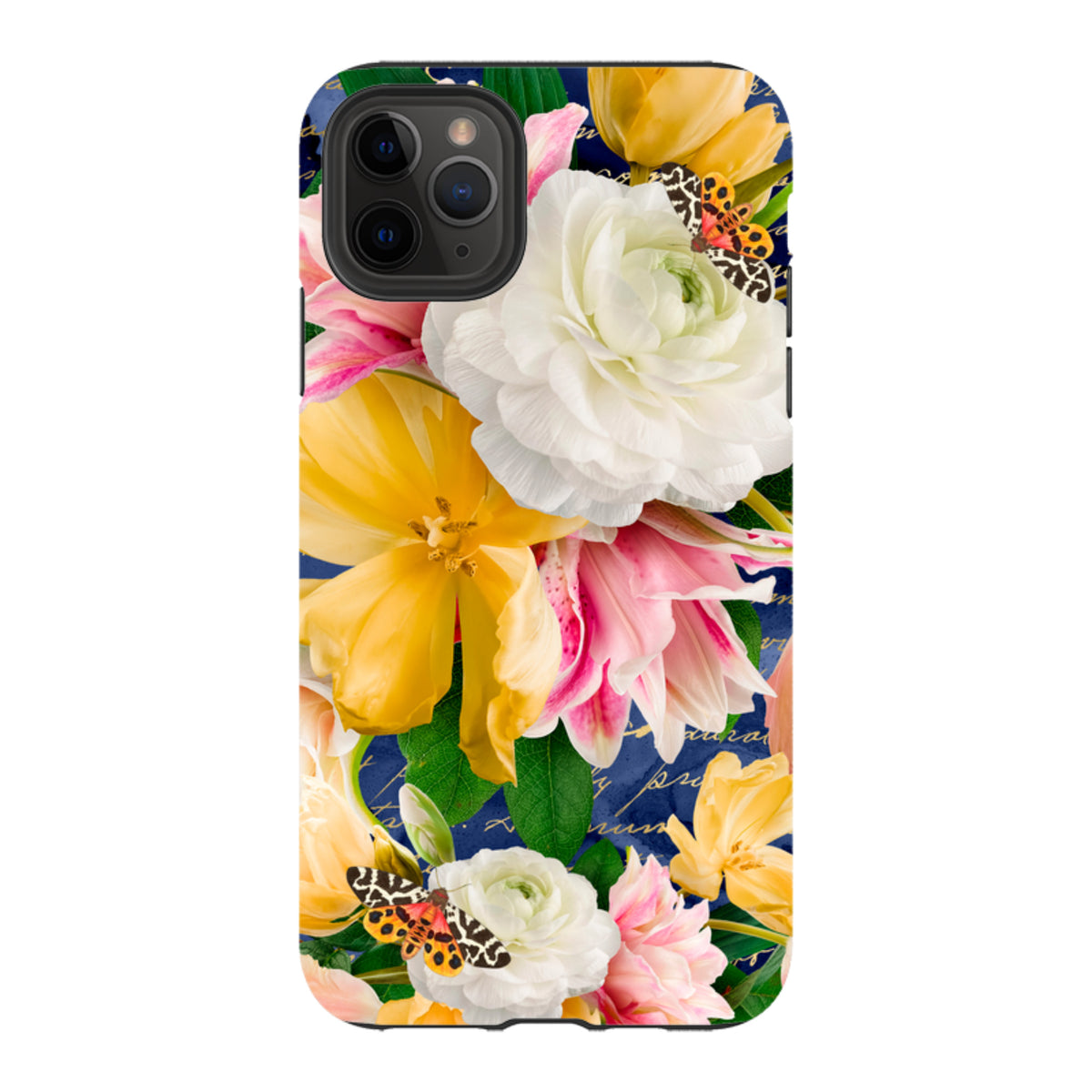 iPhone Tough Case featuring a vibrant floral design with yellow and white flowers, butterflies, and navy blue background.