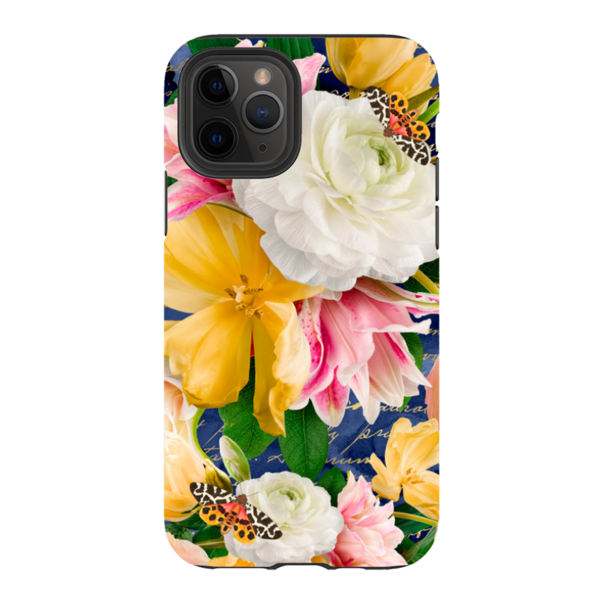 iPhone tough case featuring a vibrant floral design with yellow and white flowers, butterflies, and a dark blue script background.