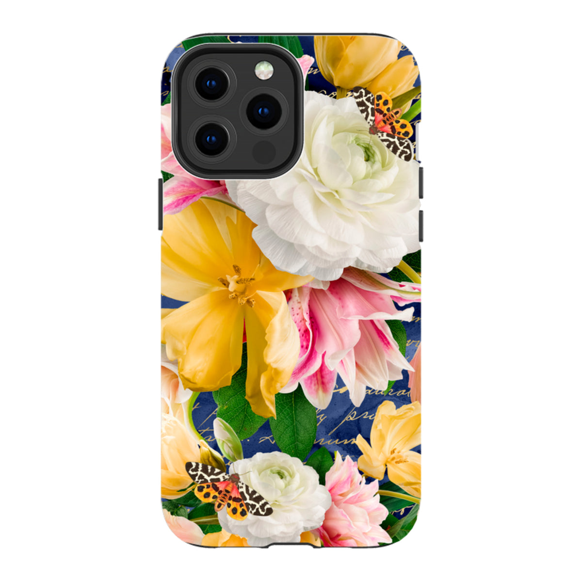iPhone Tough Case featuring a vibrant floral design with yellow and white flowers, butterflies, and script on navy blue.