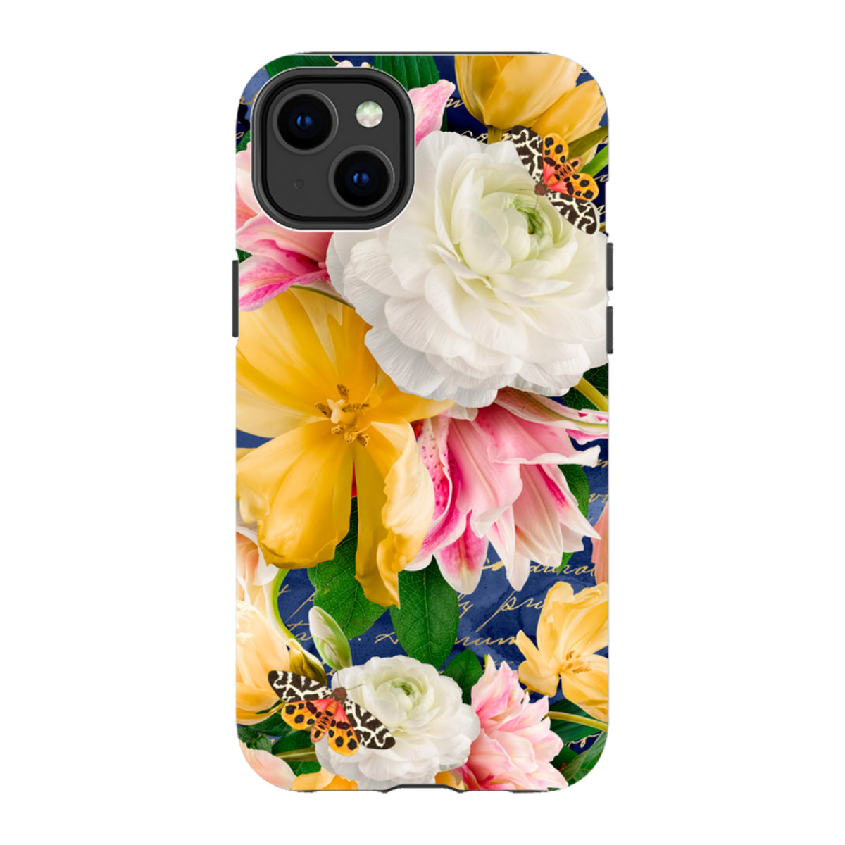 iPhone Tough Case featuring a vibrant floral design with white and yellow flowers, butterflies, and script on a navy background.
