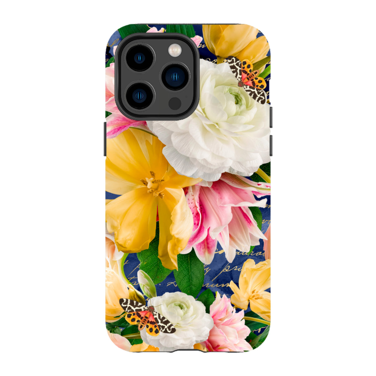 iPhone tough case featuring a vibrant floral and butterfly print on a deep blue background with dual-layer protection.