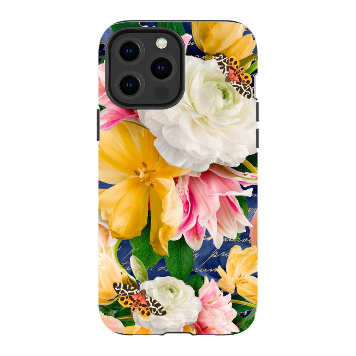 iPhone tough case featuring vibrant yellow and white flowers, butterflies, and gold script on a deep blue background.