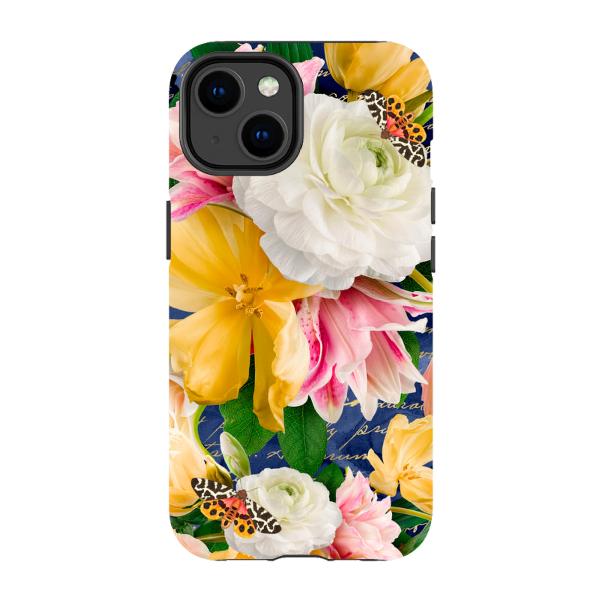 iPhone Tough Case featuring a vibrant floral design with yellow and white flowers, butterflies, and gold script on navy.