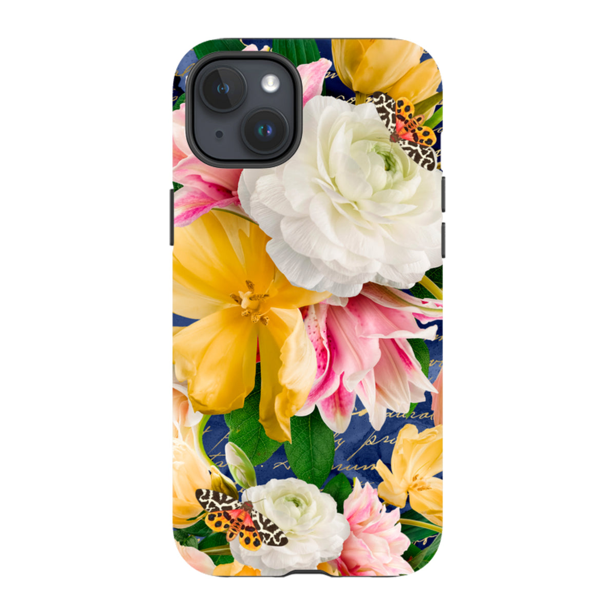 iPhone tough case featuring a vibrant floral design with yellow and white flowers, butterflies, and script on navy blue.
