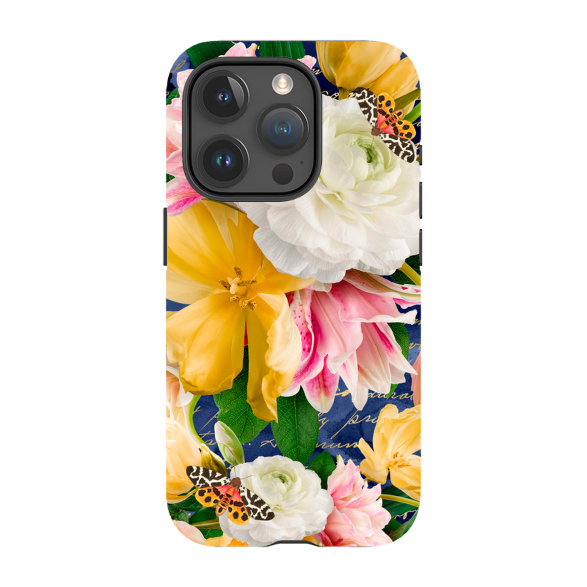 iPhone Tough Case featuring a vibrant floral design with yellow and white flowers, butterflies, and gold script on navy.