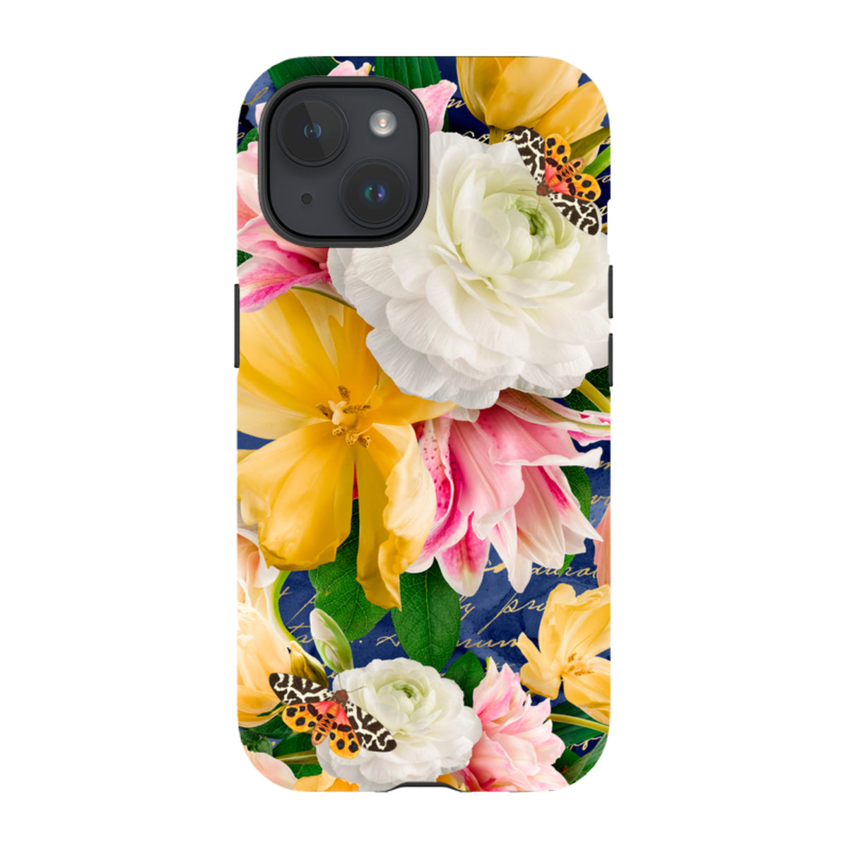 iPhone tough case featuring a vibrant floral design with yellow tulips, white peonies, and butterflies on blue.