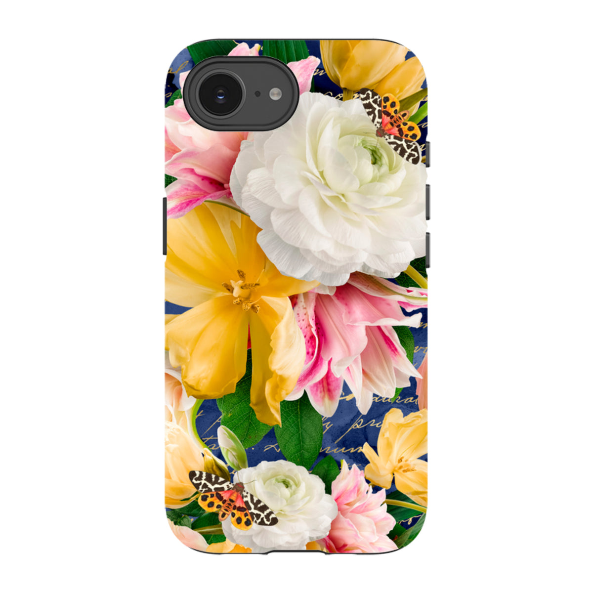 iPhone Tough Case featuring a vibrant floral design with white and yellow flowers, green leaves, and butterflies on blue.
