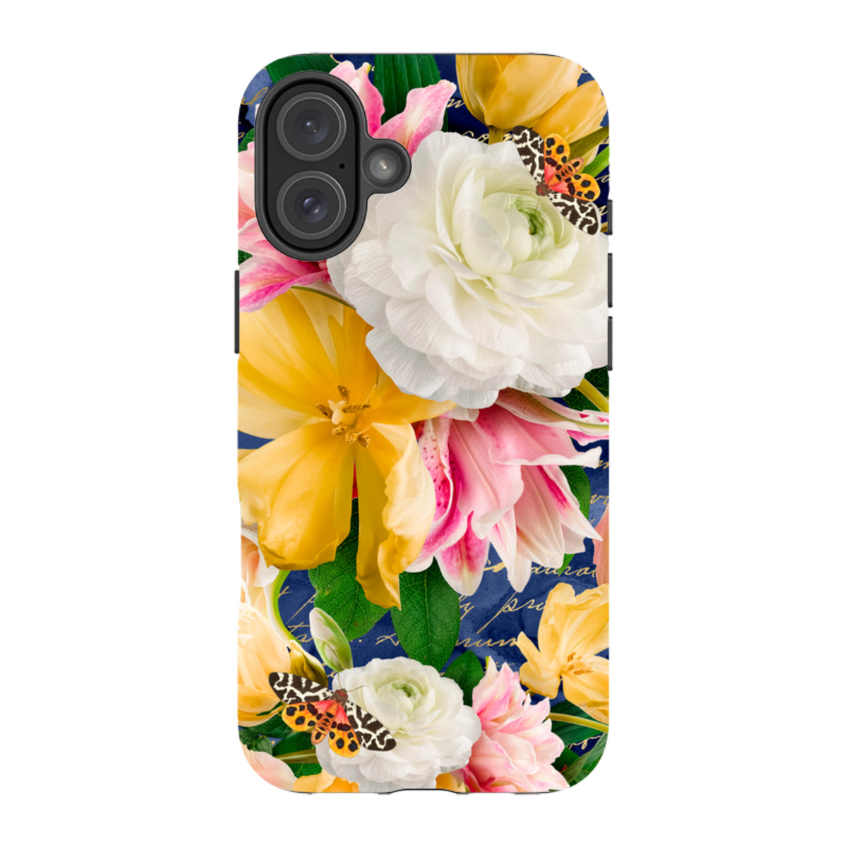 Dual-layer iPhone tough case featuring a vibrant floral design with yellow and white flowers, butterflies, and script text.