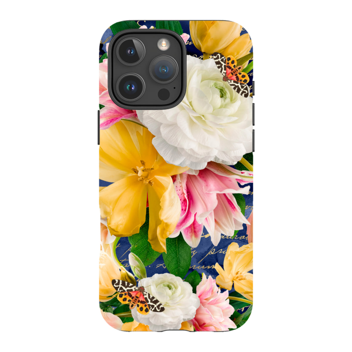iPhone tough case featuring a vibrant floral and butterfly print on a dark blue background with dual-layer protection.