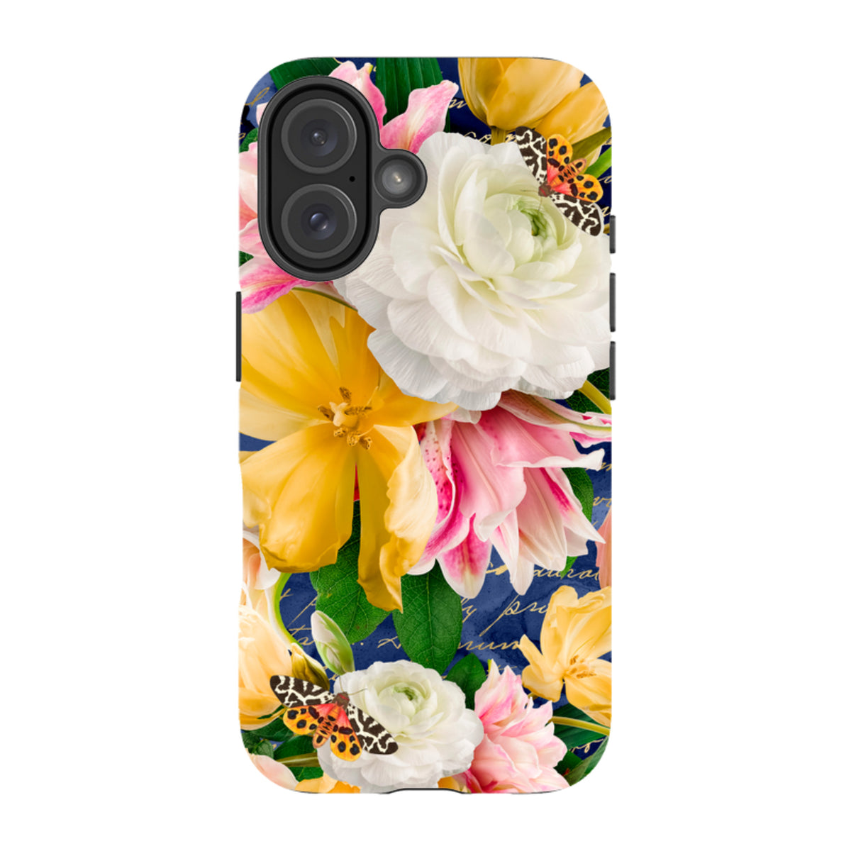 iPhone Tough Case featuring a vibrant floral design with yellow and white flowers, butterflies, and script on blue.