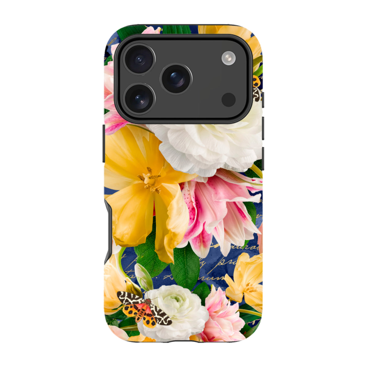 iPhone Tough Case featuring a vibrant floral design with yellow and pink flowers, a butterfly, and a blue script background.