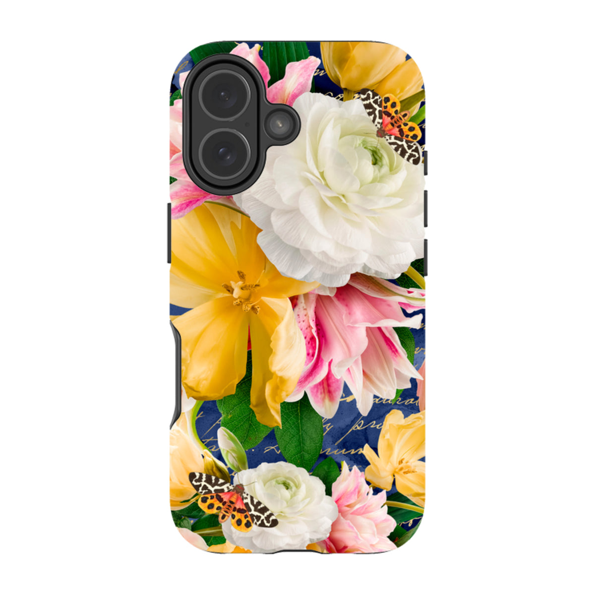 Dual-layer iPhone tough case featuring a vibrant floral design with butterflies on a dark blue background.