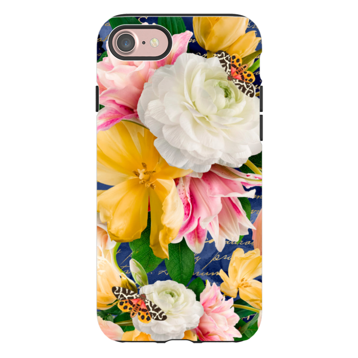 iPhone Tough Case featuring a vibrant floral print with yellow tulips, white peonies, and butterflies on navy blue.