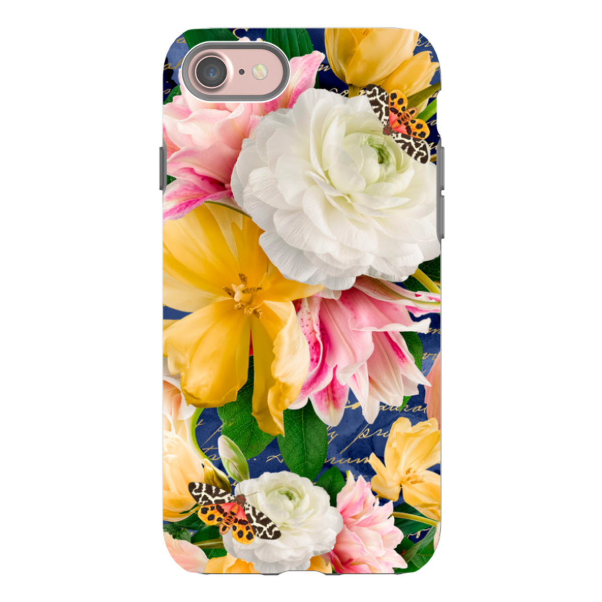 iPhone tough case featuring a vibrant floral design with yellow and white flowers, butterflies, and a dark blue background.