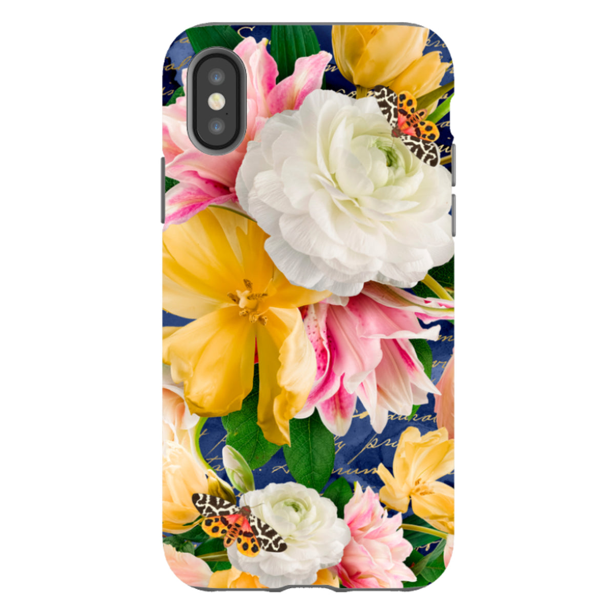 iPhone Tough Case featuring a vibrant floral design with yellow and white flowers, butterflies, and script on blue.