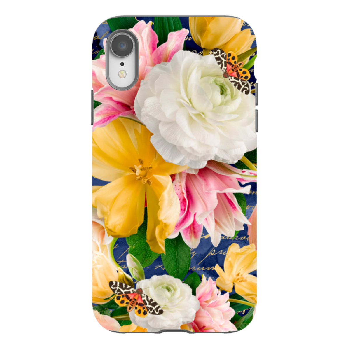 iPhone Tough Case featuring a vibrant floral design with yellow and white flowers, butterflies, and a dark blue background.