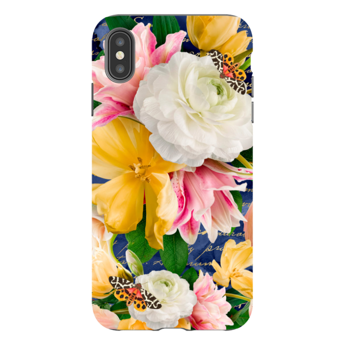 Dual-layer iPhone tough case featuring a vibrant floral bouquet with butterflies on a dark blue script background.