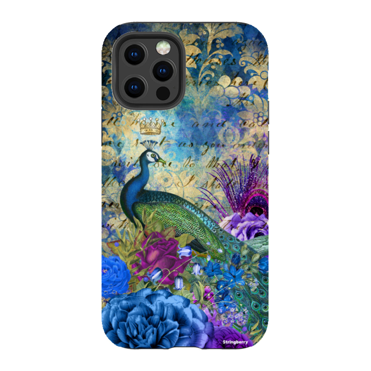 iPhone Tough Case featuring a peacock, crown, and blue floral artwork on a dual-layer protective shell.