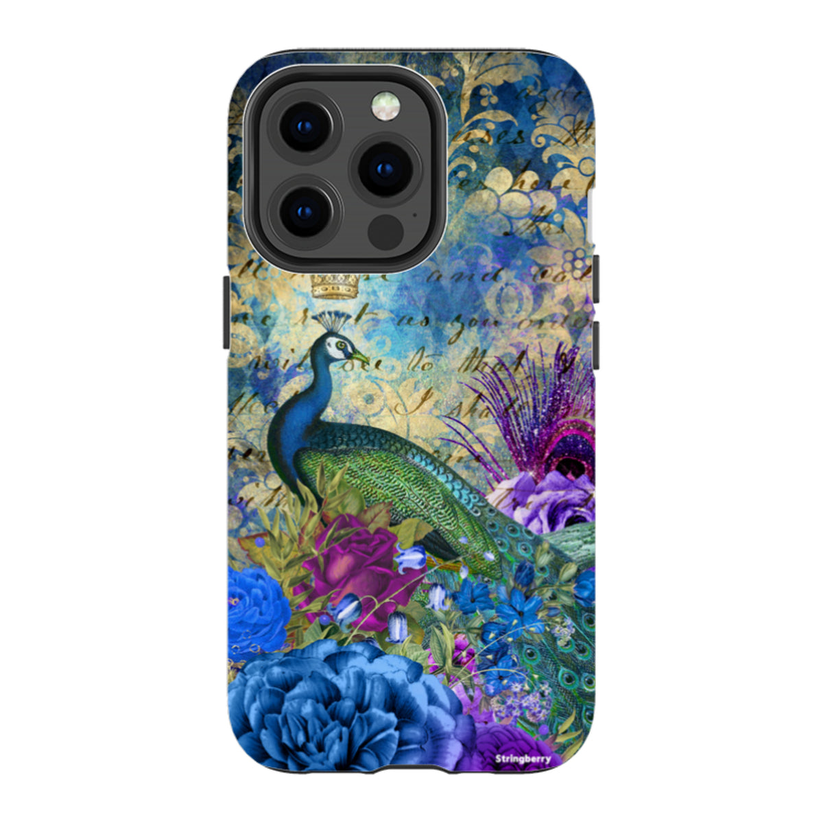 iPhone tough case featuring a peacock, blue roses, and vintage script in a vibrant, high-definition dual-layer design.