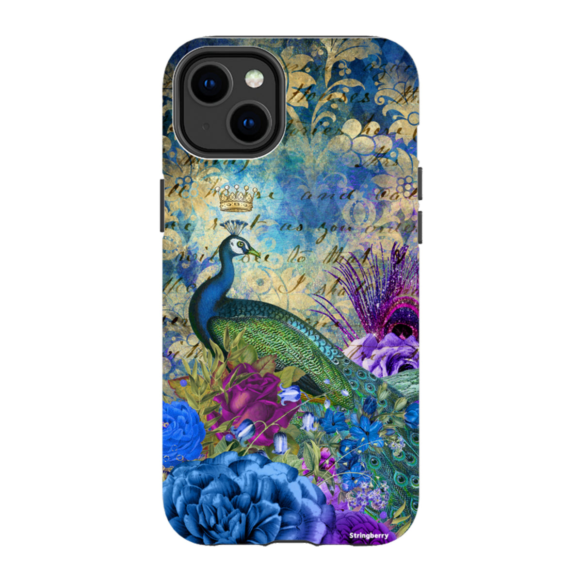 iPhone tough case featuring a peacock with a crown, blue roses, and vintage script on a dual-layer protective shell.